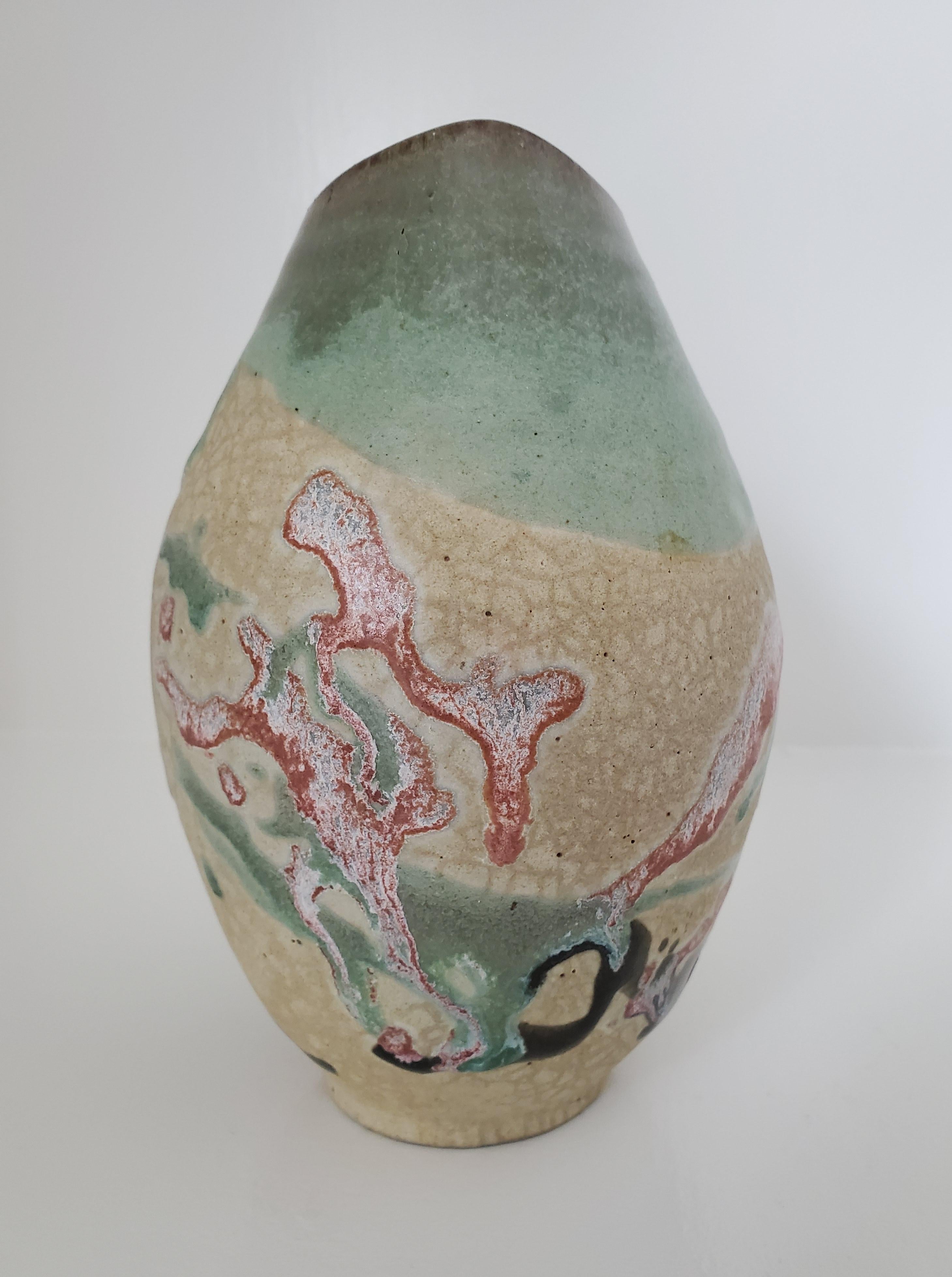 Embossed Vintage Signed Raku Terracotta Pottery Vase