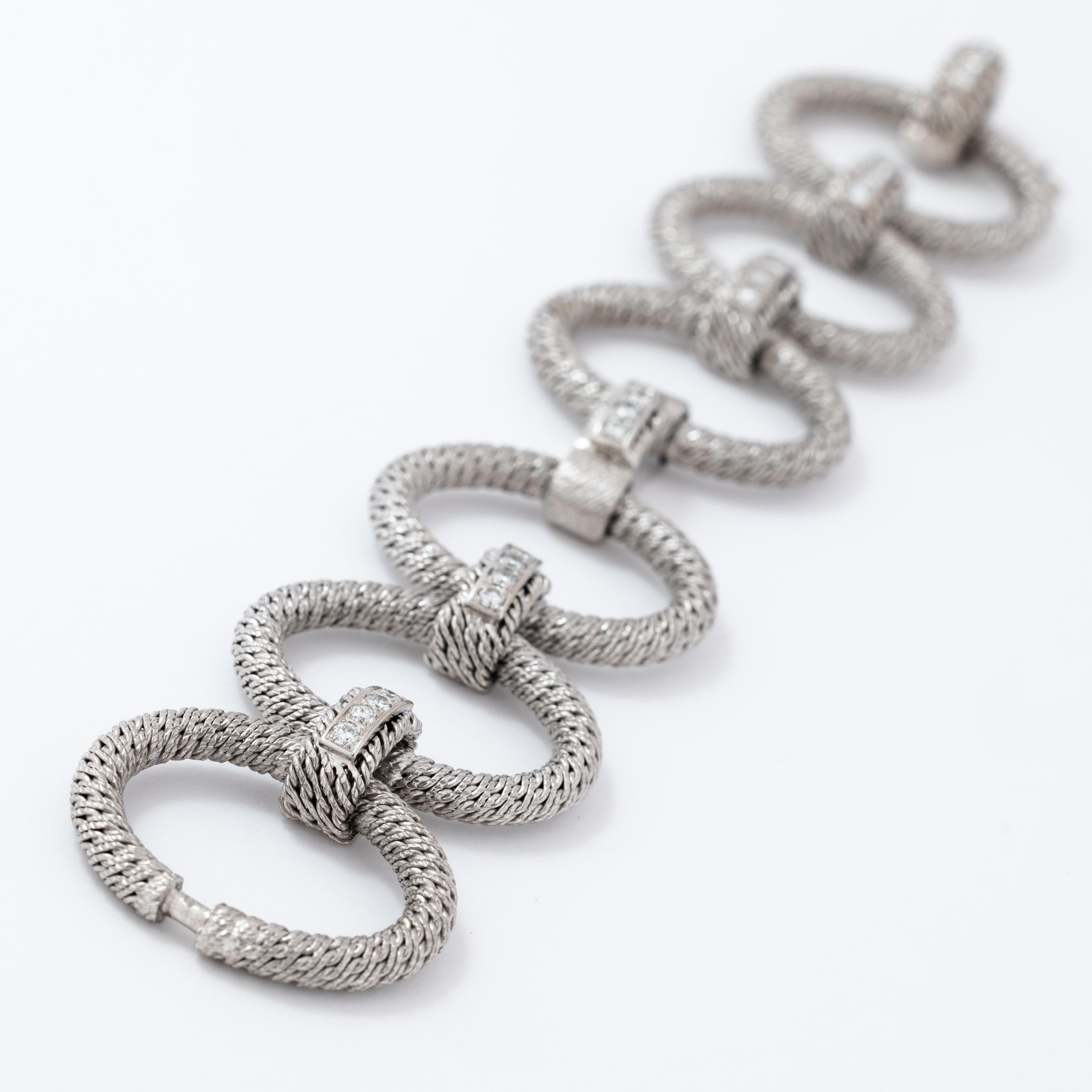 Vintage Signed Rare Georges Lenfant 18k WG and 2.60cts Diamonds Woven Bracelet For Sale 5