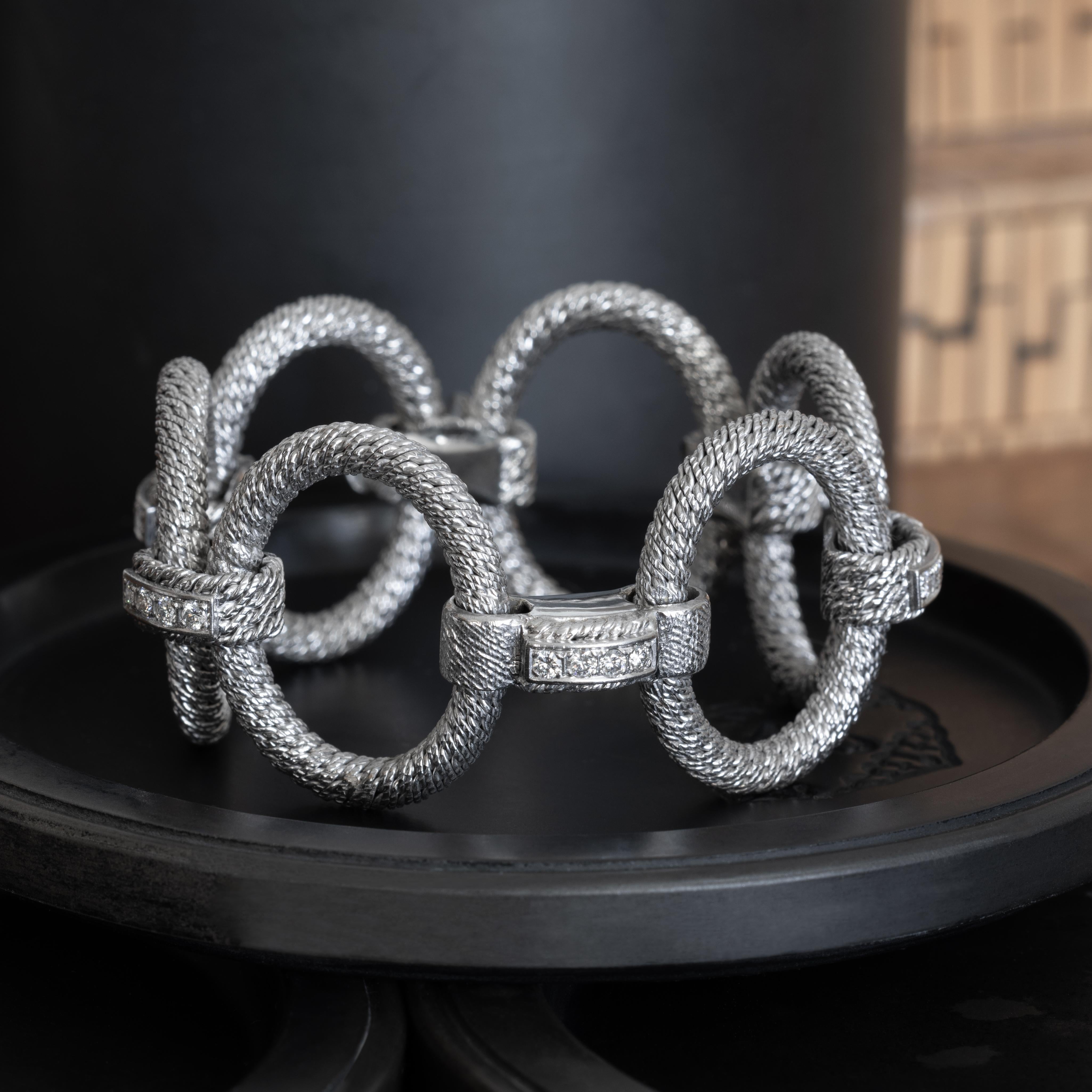Vintage Signed Rare Georges Lenfant 18k WG and 2.60cts Diamonds Woven Bracelet For Sale 7