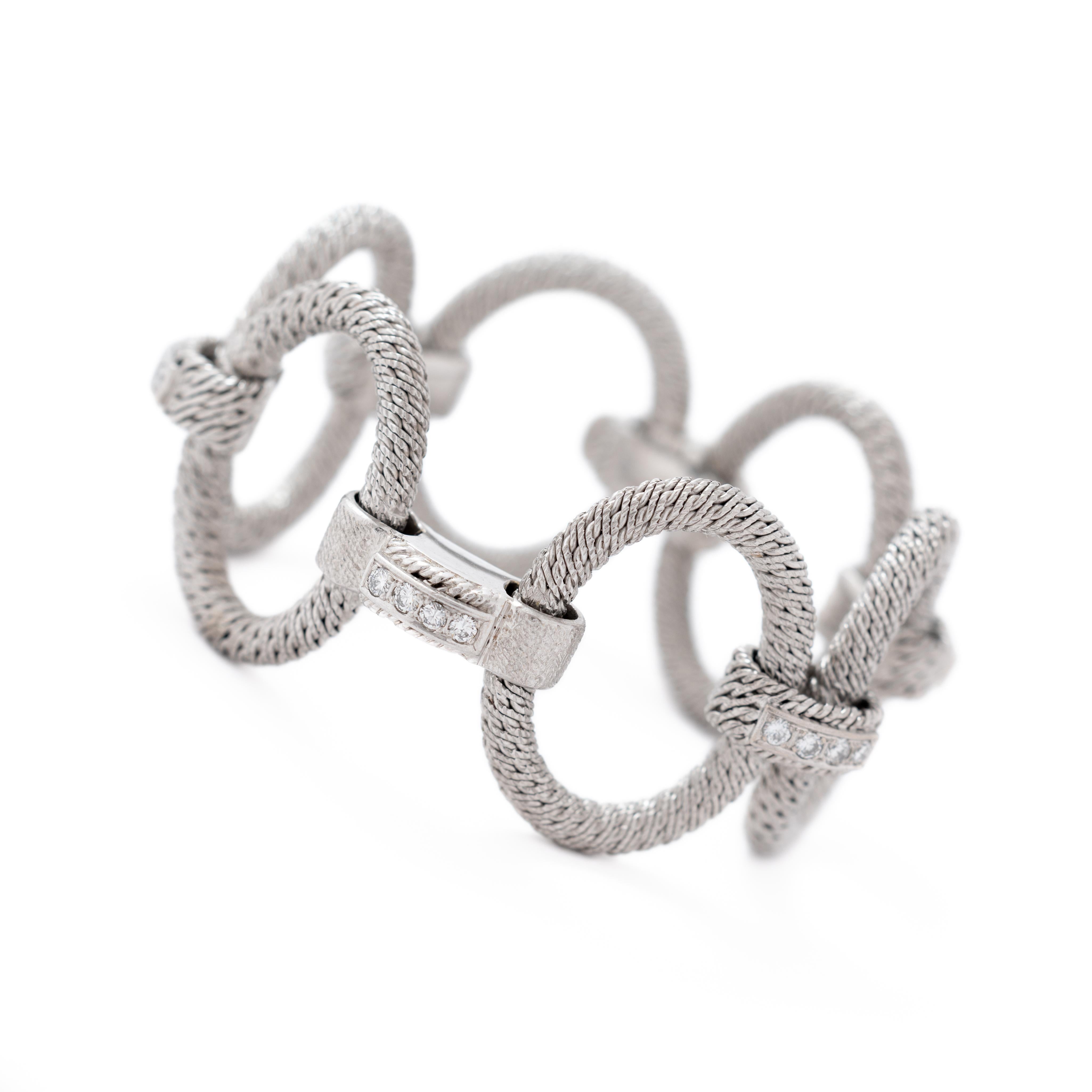 Round Cut Vintage Signed Rare Georges Lenfant 18k WG and 2.60cts Diamonds Woven Bracelet For Sale