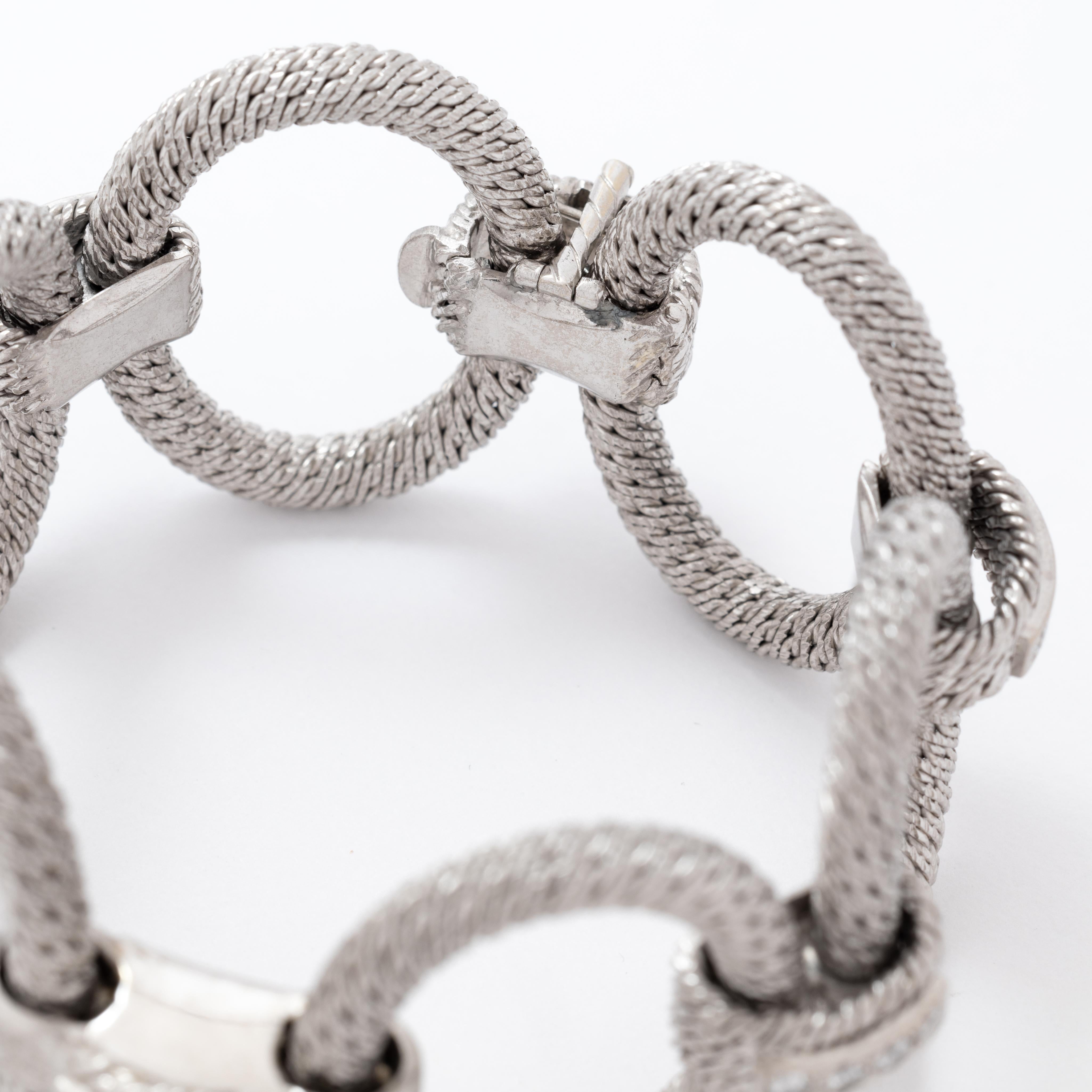 Women's or Men's Vintage Signed Rare Georges Lenfant 18k WG and 2.60cts Diamonds Woven Bracelet For Sale