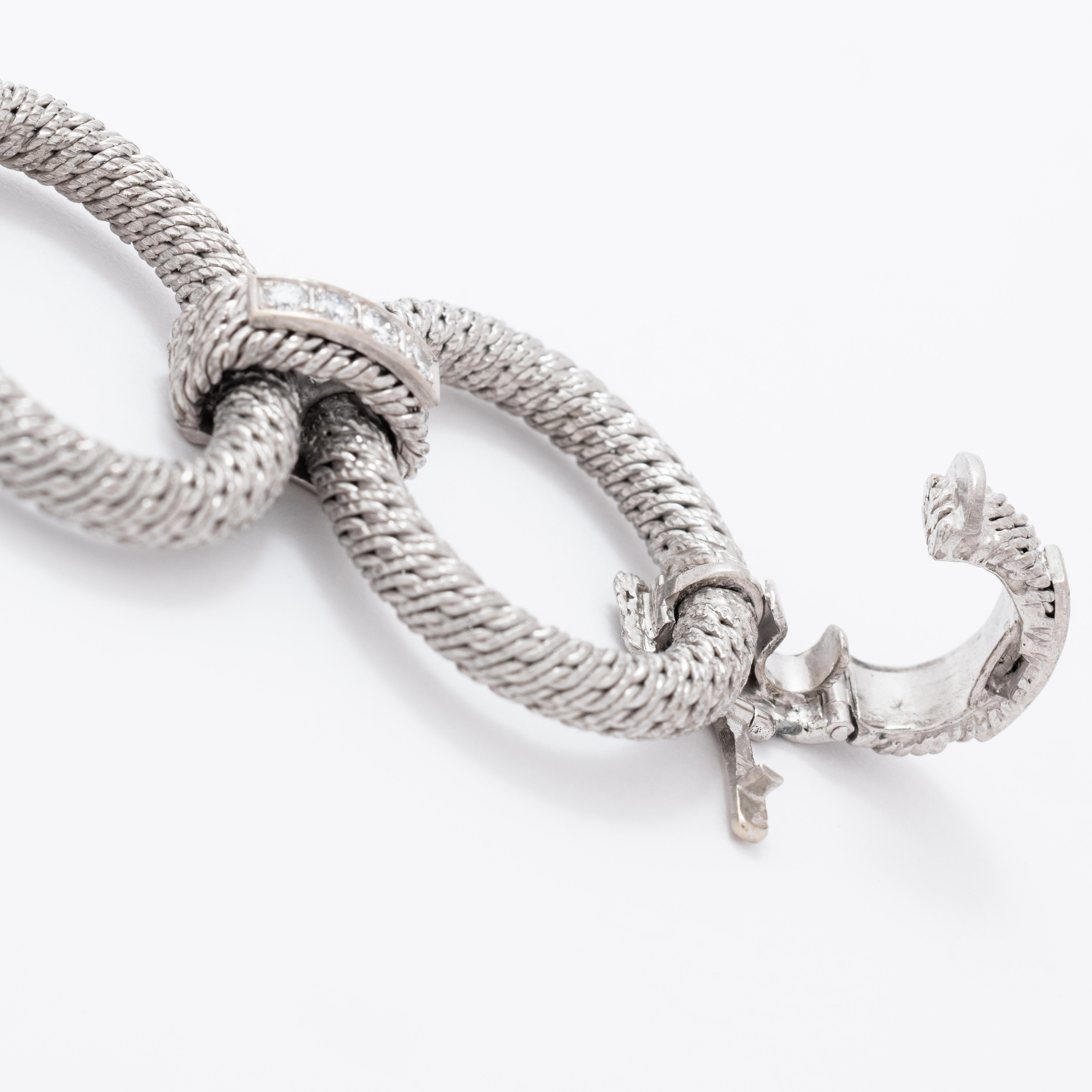 Vintage Signed Rare Georges Lenfant 18k WG and 2.60cts Diamonds Woven Bracelet For Sale 2