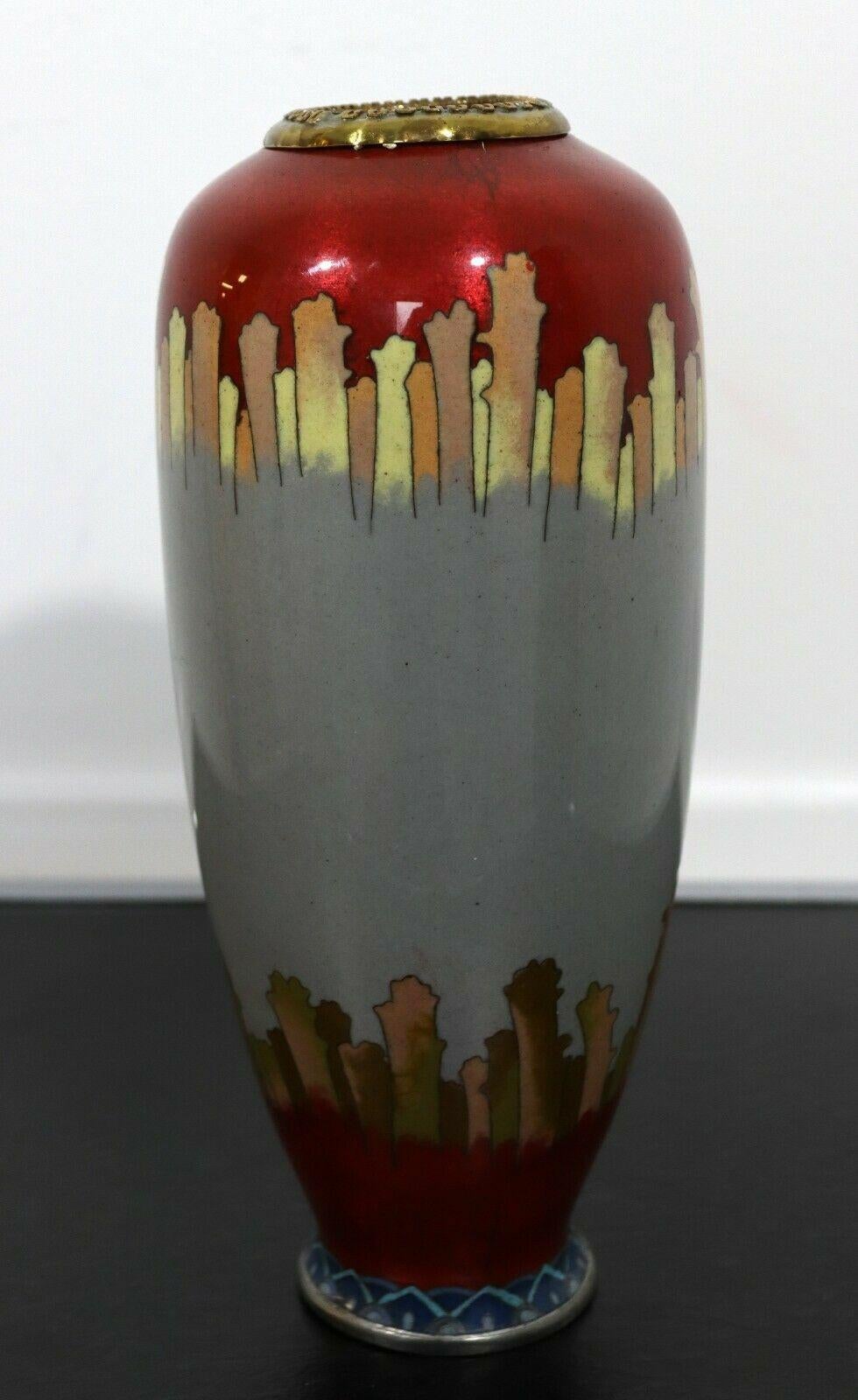 20th Century Vintage Signed Red and Gray Enameled Cloisonne Vase with Koi Fish For Sale