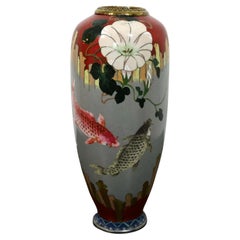 Vintage Signed Red and Gray Enameled Cloisonne Vase with Koi Fish