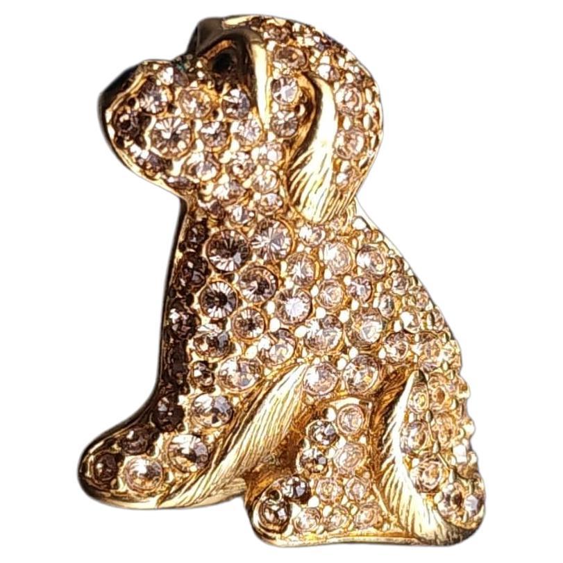 Vintage Signed Rose Swarovski Topaz Crystal Dog Pin, Gold Finish, Black Enamel For Sale