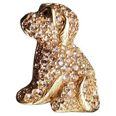 Vintage Signed Rose Swarovski Topaz Crystal Dog Pin, Gold Finish, Black Enamel