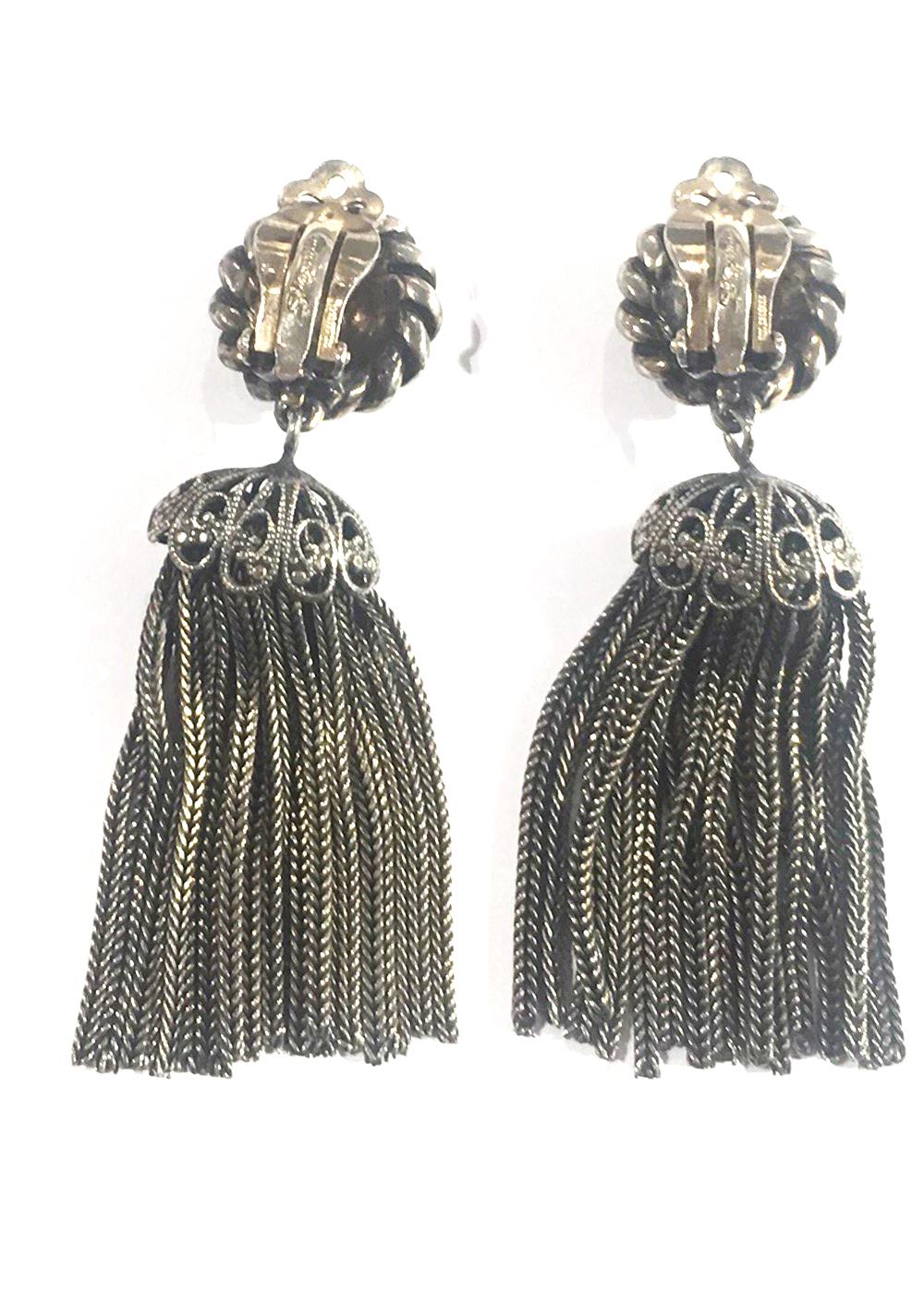 Vintage Signed Schiaparelli Tassel Earrings and Silk Scarf Estate Finds In Excellent Condition In Montreal, QC