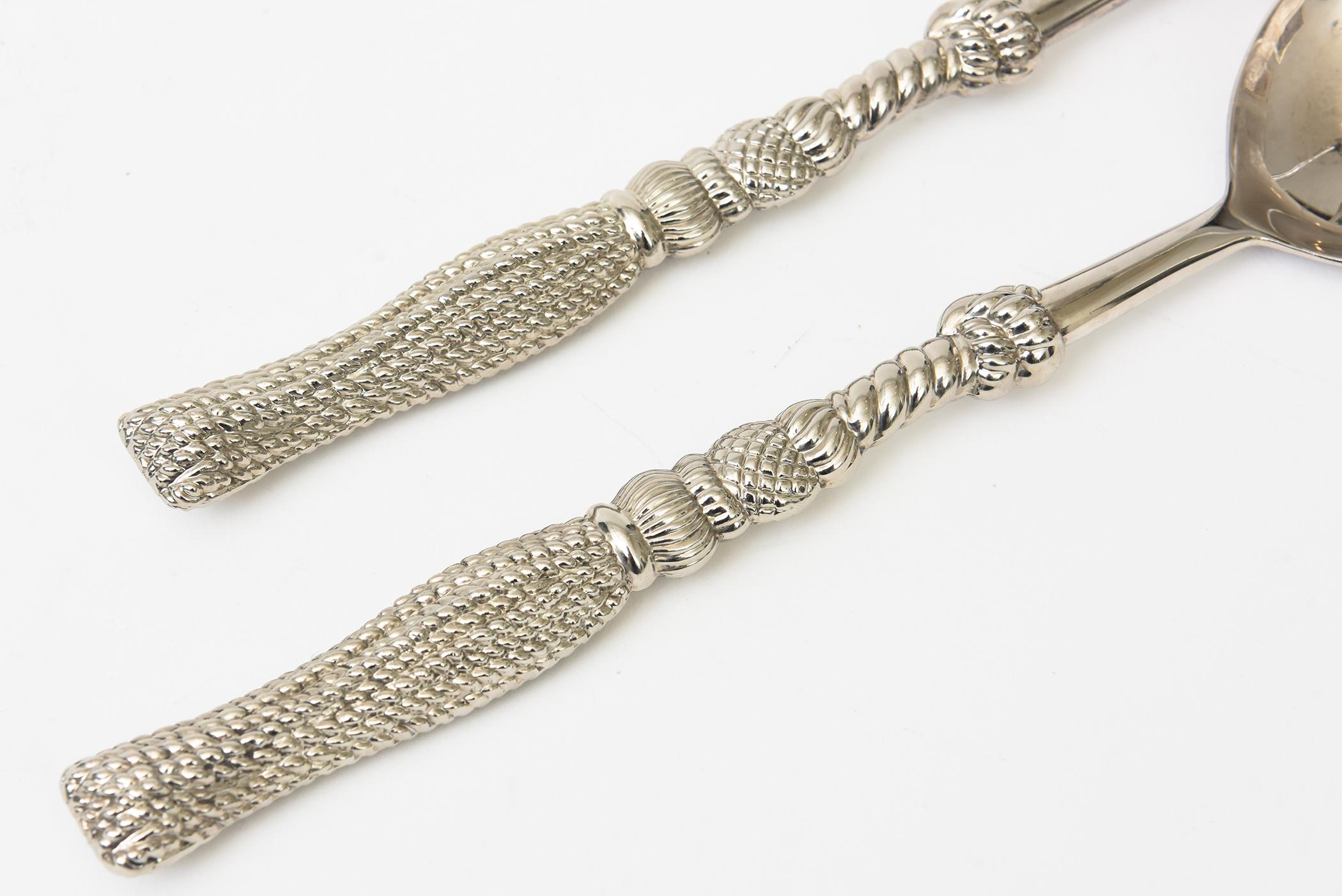 American Vintage Signed Silea Silver-Plate Tasseled Salad Servers Or Serving Pieces Pair For Sale