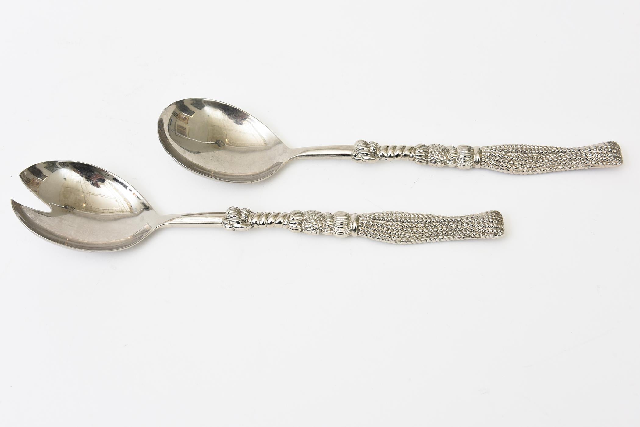 Vintage Signed Silea Silver-Plate Tasseled Salad Servers Or Serving Pieces Pair In Good Condition For Sale In North Miami, FL