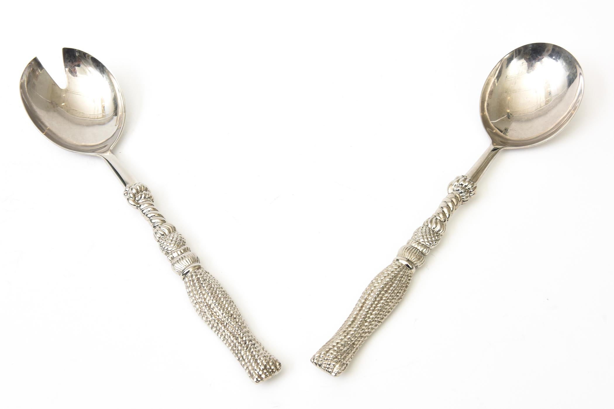 Silver Plate Vintage Signed Silea Silver-Plate Tasseled Salad Servers Or Serving Pieces Pair For Sale