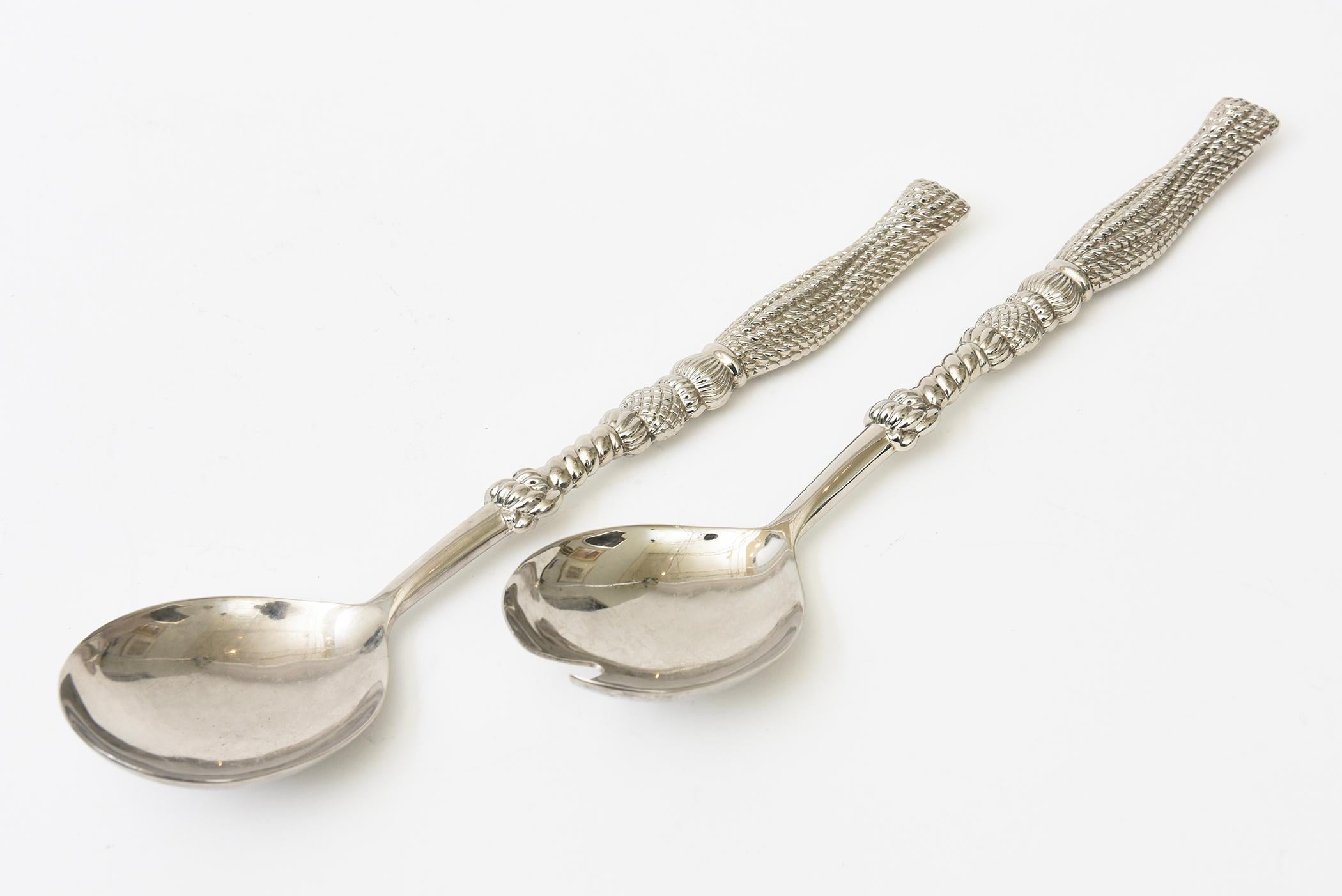 Vintage Signed Silea Silver-Plate Tasseled Salad Servers Or Serving Pieces Pair For Sale 1