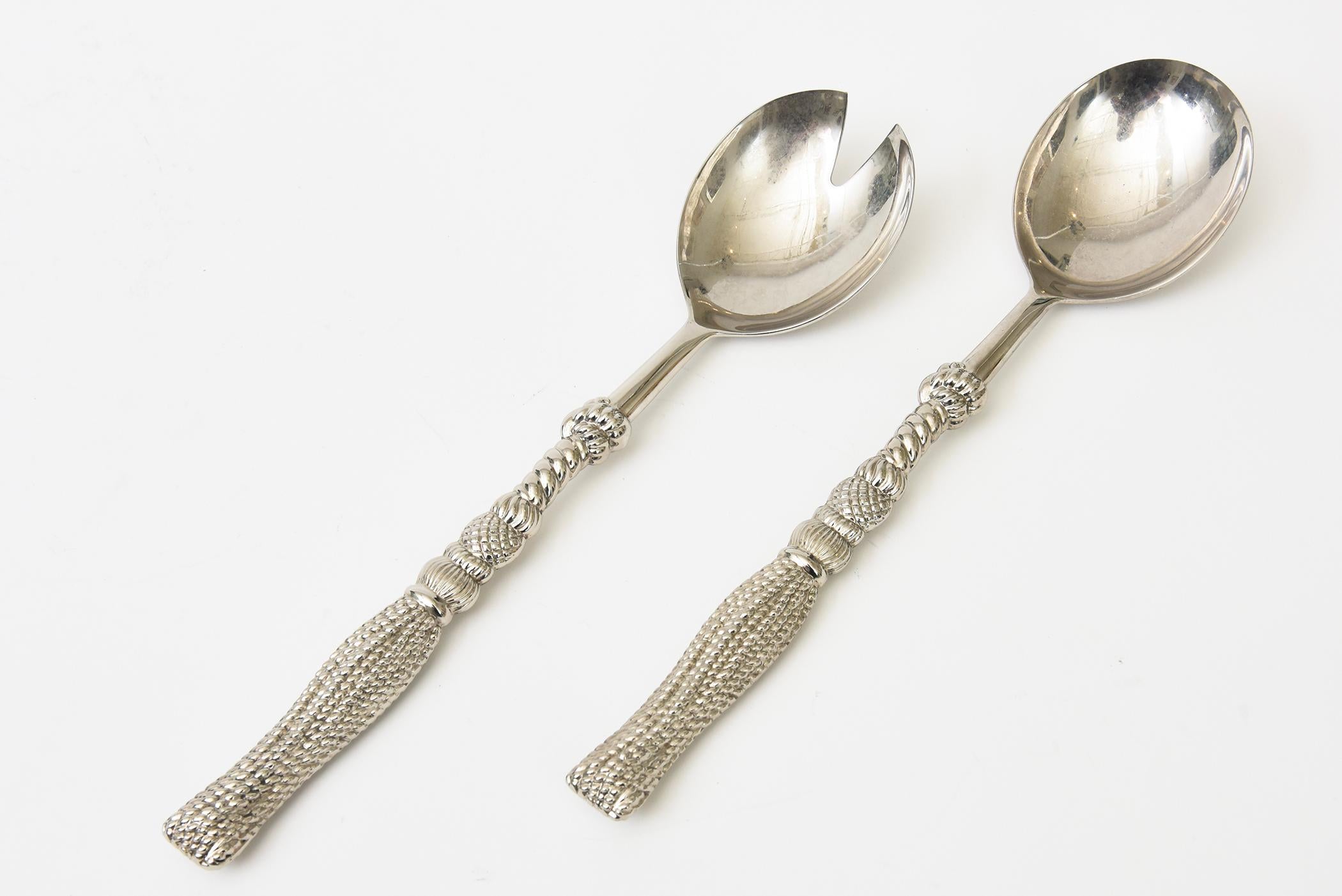 Vintage Signed Silea Silver-Plate Tasseled Salad Servers Or Serving Pieces Pair For Sale 2