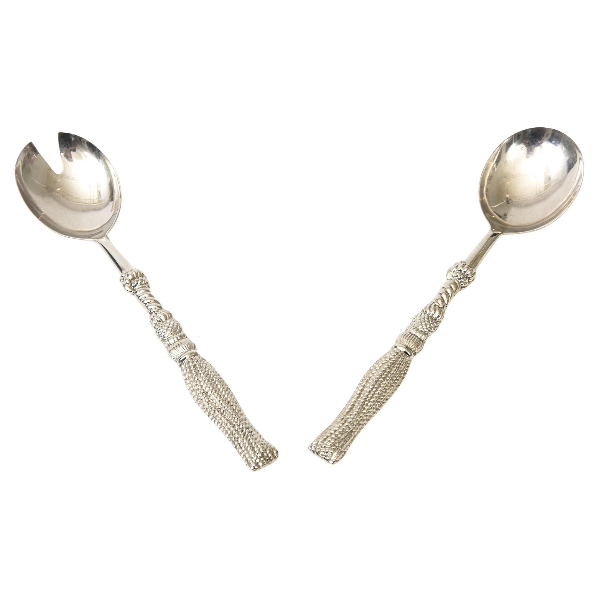 Vintage Signed Silea Silver-Plate Tasseled Salad Servers Or Serving Pieces Pair For Sale