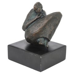 Vintage Signed Small Bronze Female Figurative Seated Sculpture On Black Metal 