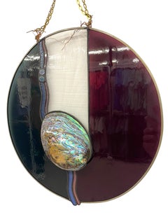 Vintage Signed Stained Glass Round Panel with Abalone Shell, Hanging Wall Art.