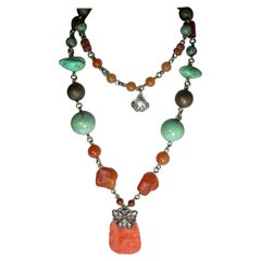 Retro Signed Stephen Dweck Sterling Agate, Turquoise & Coral Long Necklace