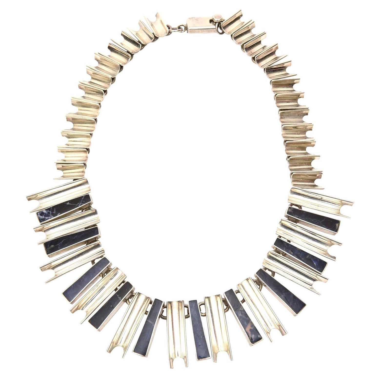 Vintage Signed Sterling Silver and Lapis Lazuli Sculptural Necklace