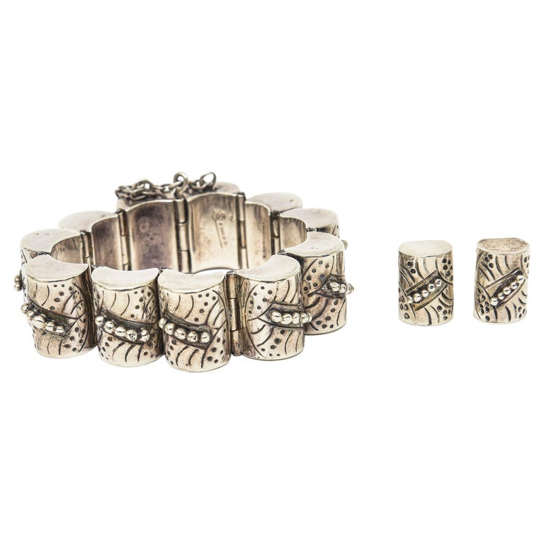 Bracelet Vintage Signé 'M' - Cuir Et Métal Argenté, Fermoir Mousqueton, Unisexe