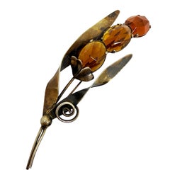 Vintage signed STERLING silver golden patina amber glass large flower brooch