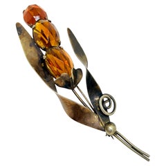 Vintage signed STERLING silver golden patina amber glass large flower brooch Vintage signed STERLING silver golden patina amber glass large flower brooch
