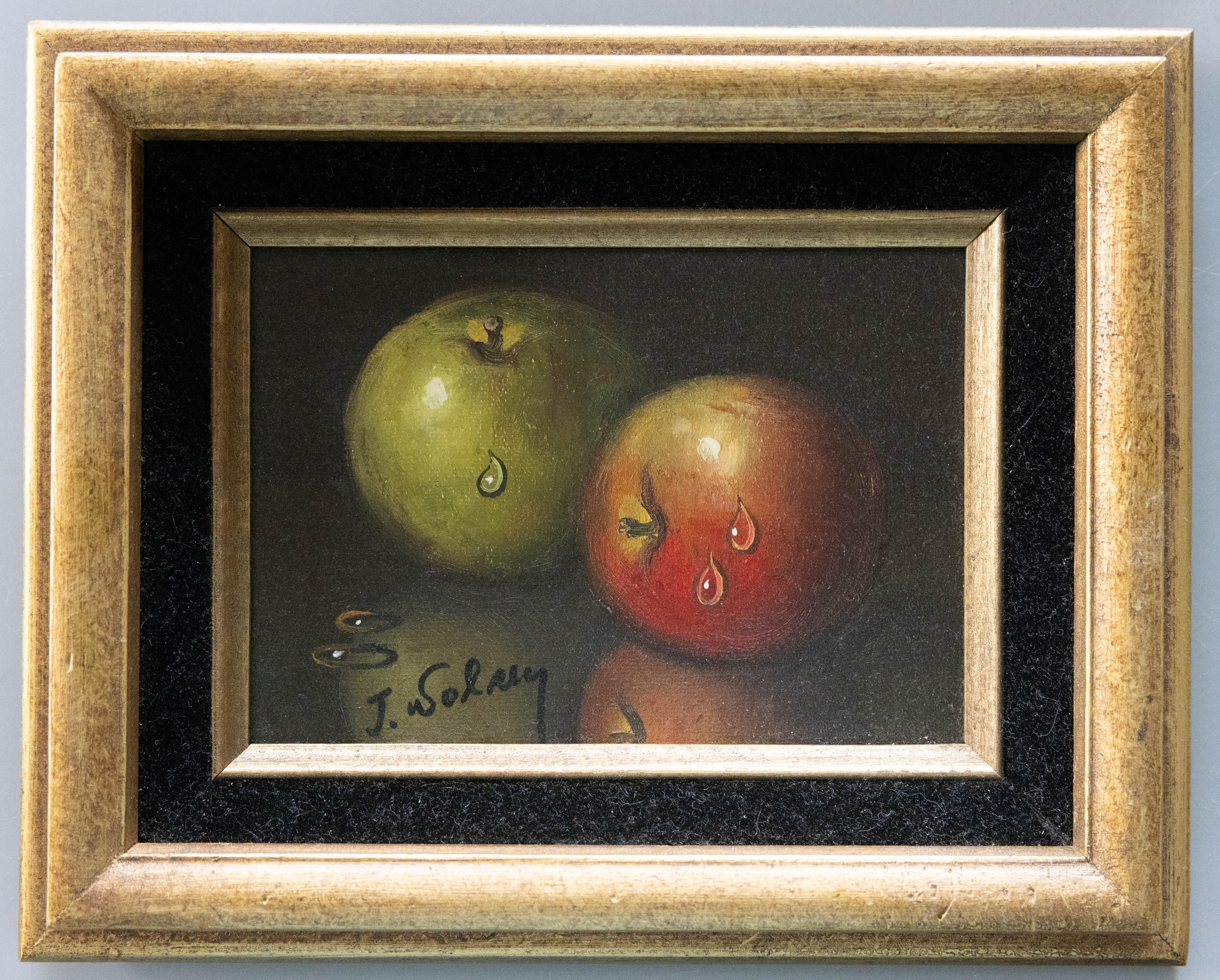 Vintage Signed Still Life Lemons and Apples, Oil On Canvas - a pair In Good Condition For Sale In Pearland, TX