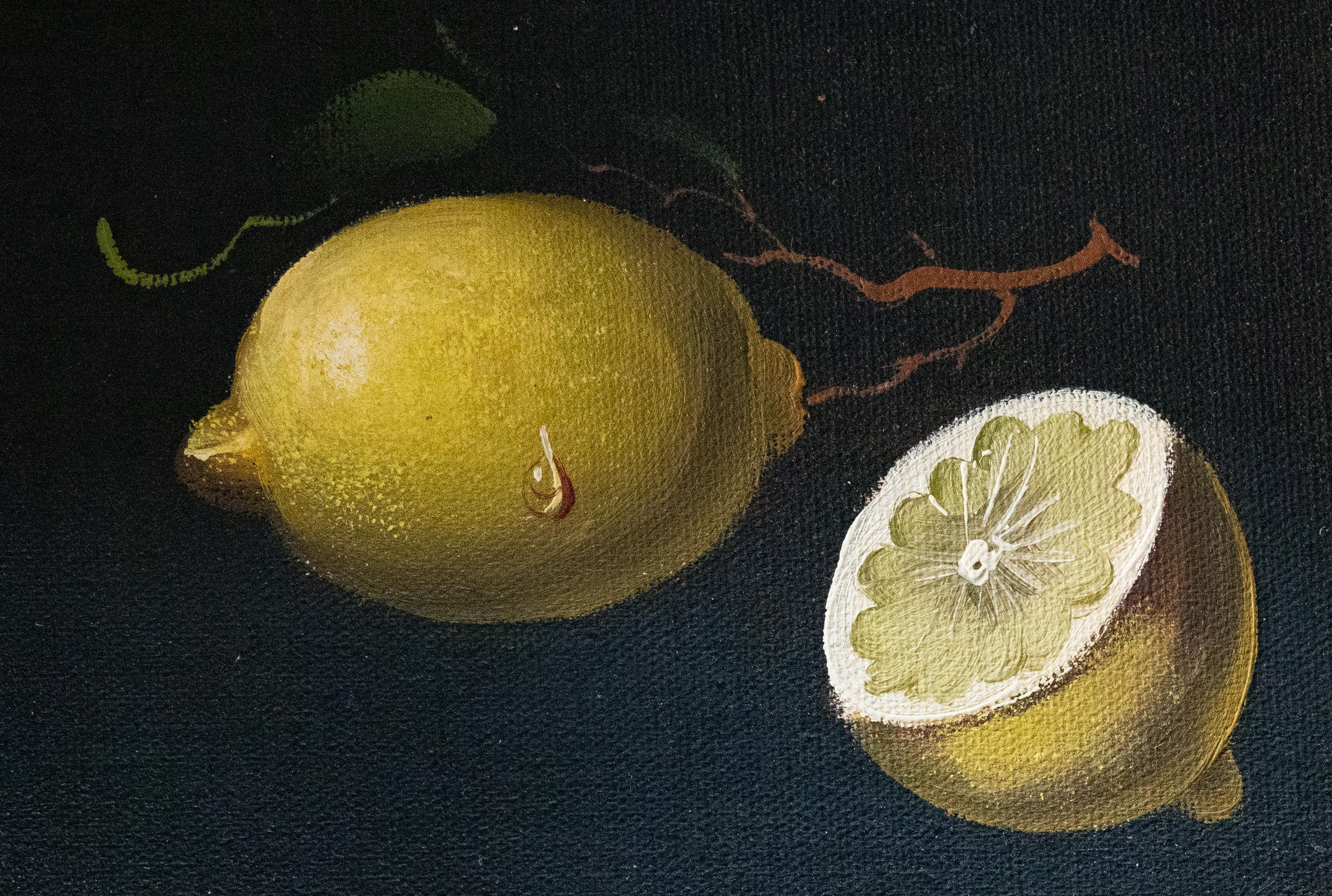 20th Century Vintage Signed Still Life Lemons and Apples, Oil On Canvas - a pair For Sale