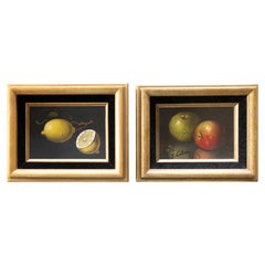 Retro Signed Still Life Lemons and Apples, Oil On Canvas - a pair