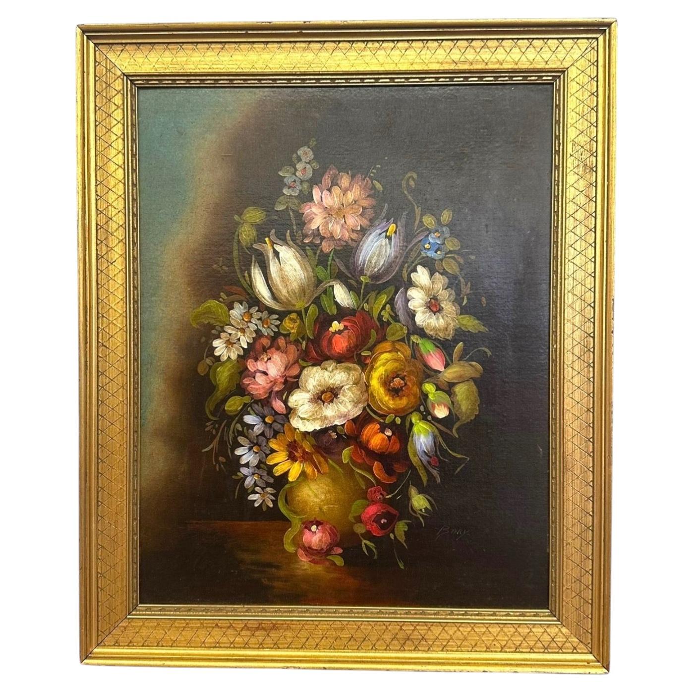 Vintage Signed Still Life Oil Painting – Decorative Floral Bouquet in Gilt Frame