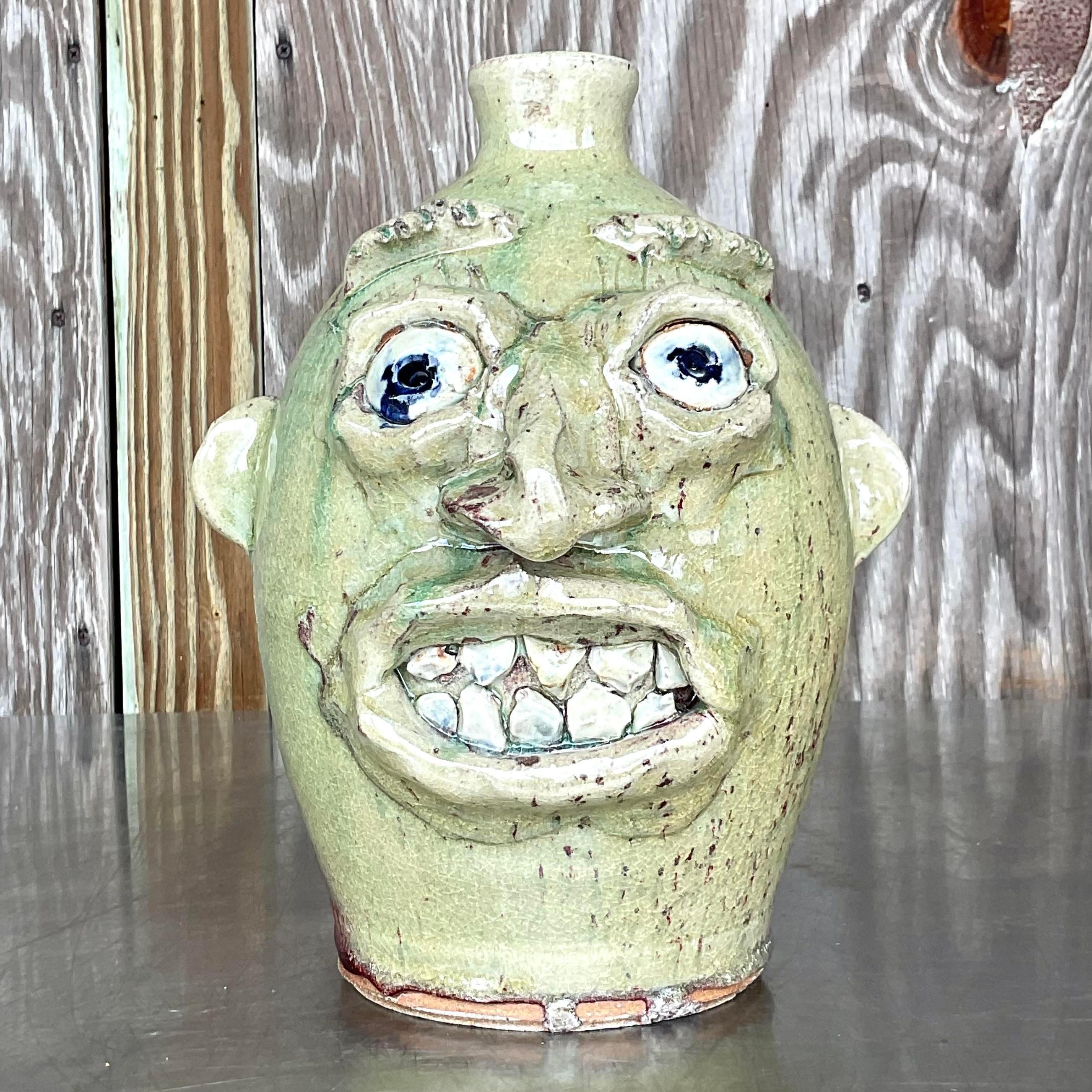 Vintage Signed Studio Pottery Man Jug In Good Condition For Sale In west palm beach, FL