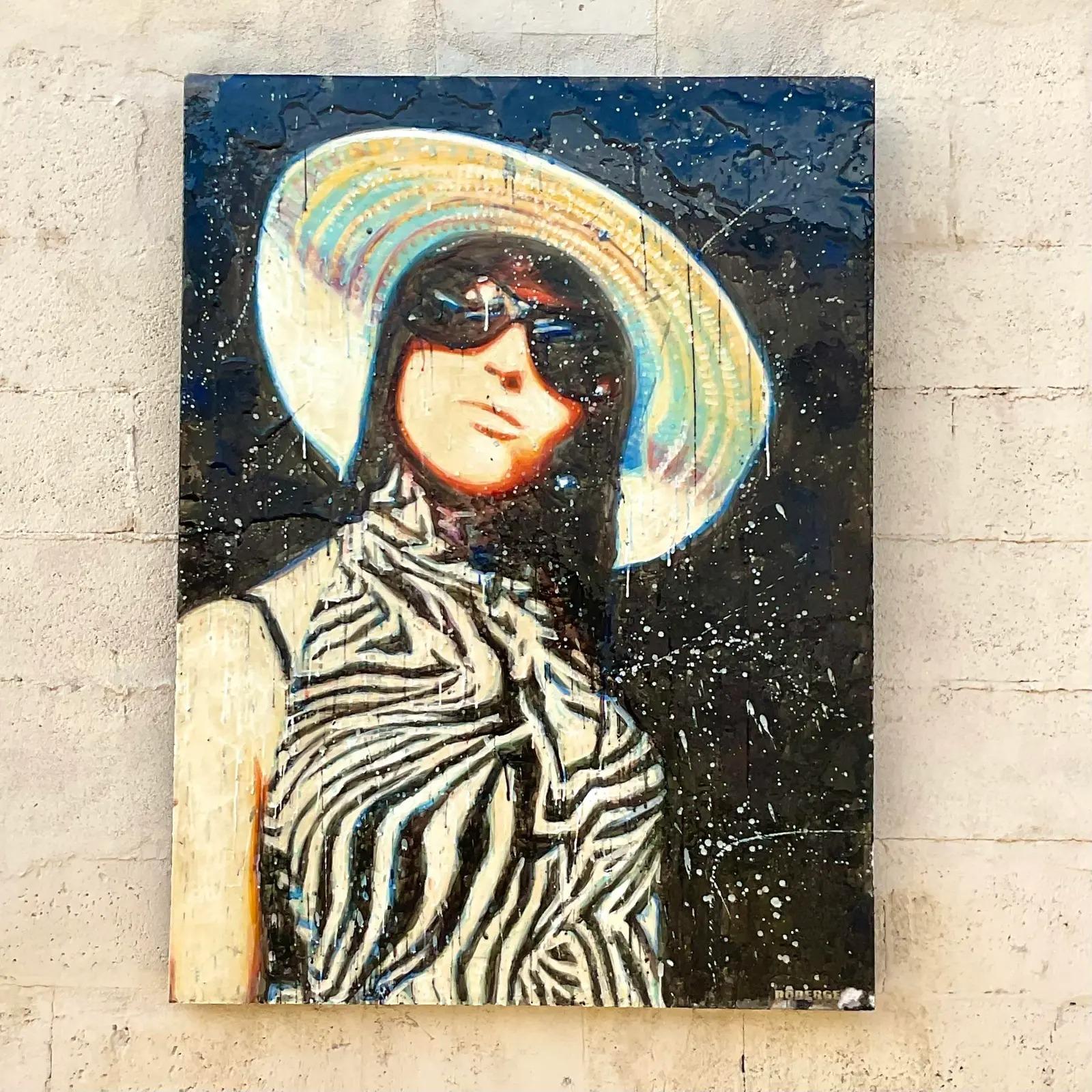 Vintage Signed Sylvan Roberge Encaustic & Pigmented Wax Painting of Young Woman In Good Condition For Sale In west palm beach, FL