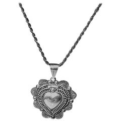 Vintage Signed Taxco Mexico Sterling Heart Locket Necklace