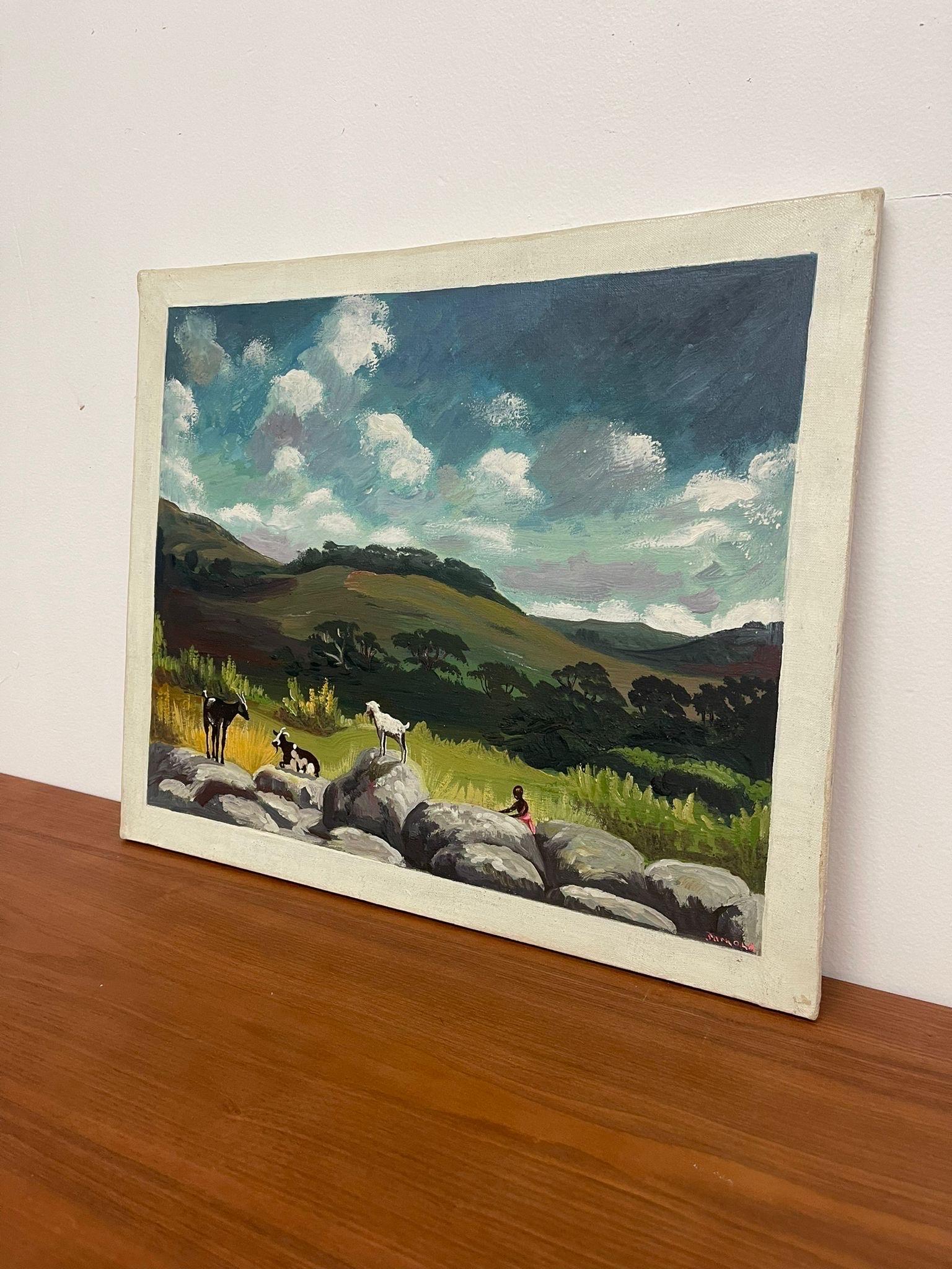 Mid-Century Modern Vintage Signed Textured Painting on CanvasTitled “ the Goat Herder “ For Sale