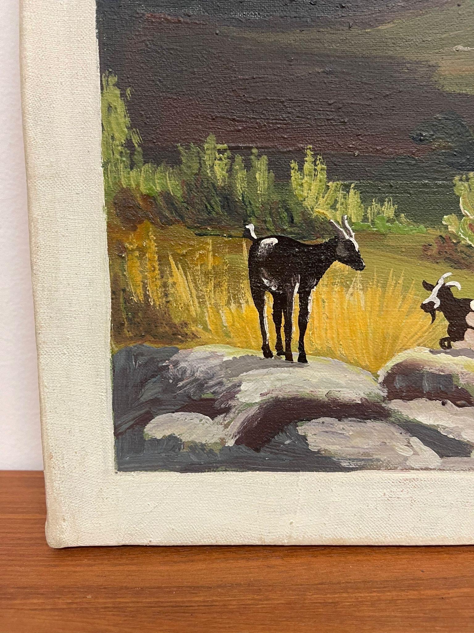 Vintage Signed Textured Painting on CanvasTitled “ the Goat Herder “ In Good Condition For Sale In Seattle, WA