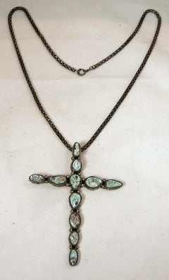 Vintage Signed Tom Willeto Sterling Navajo Green Turquoise Cross With Chain
