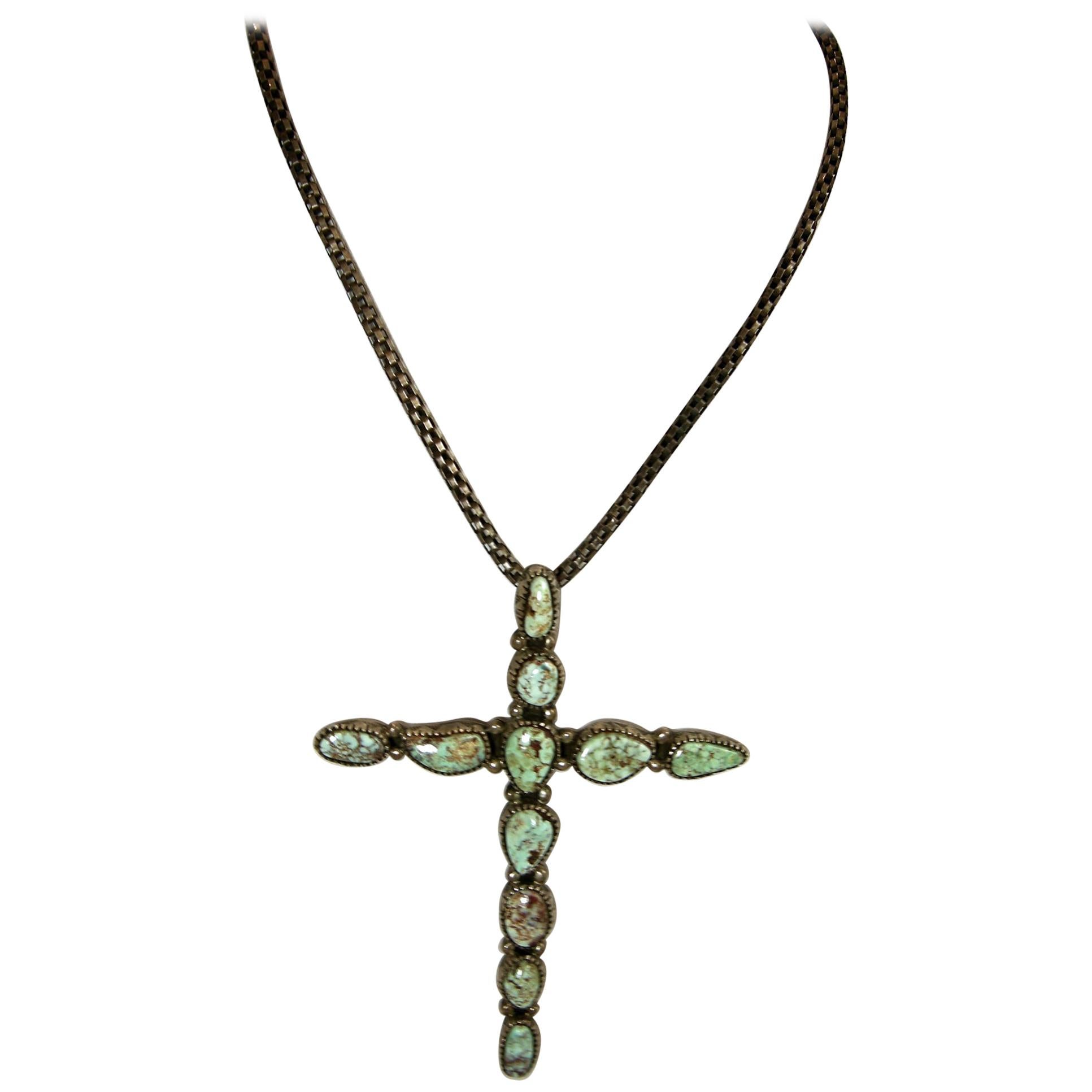 Vintage Signed Tom Willeto Sterling Navajo Green Turquoise Cross With Chain For Sale