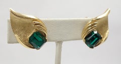 Vintage Signed Trifari Emerald Green Crystal & Gold Tone Earrings