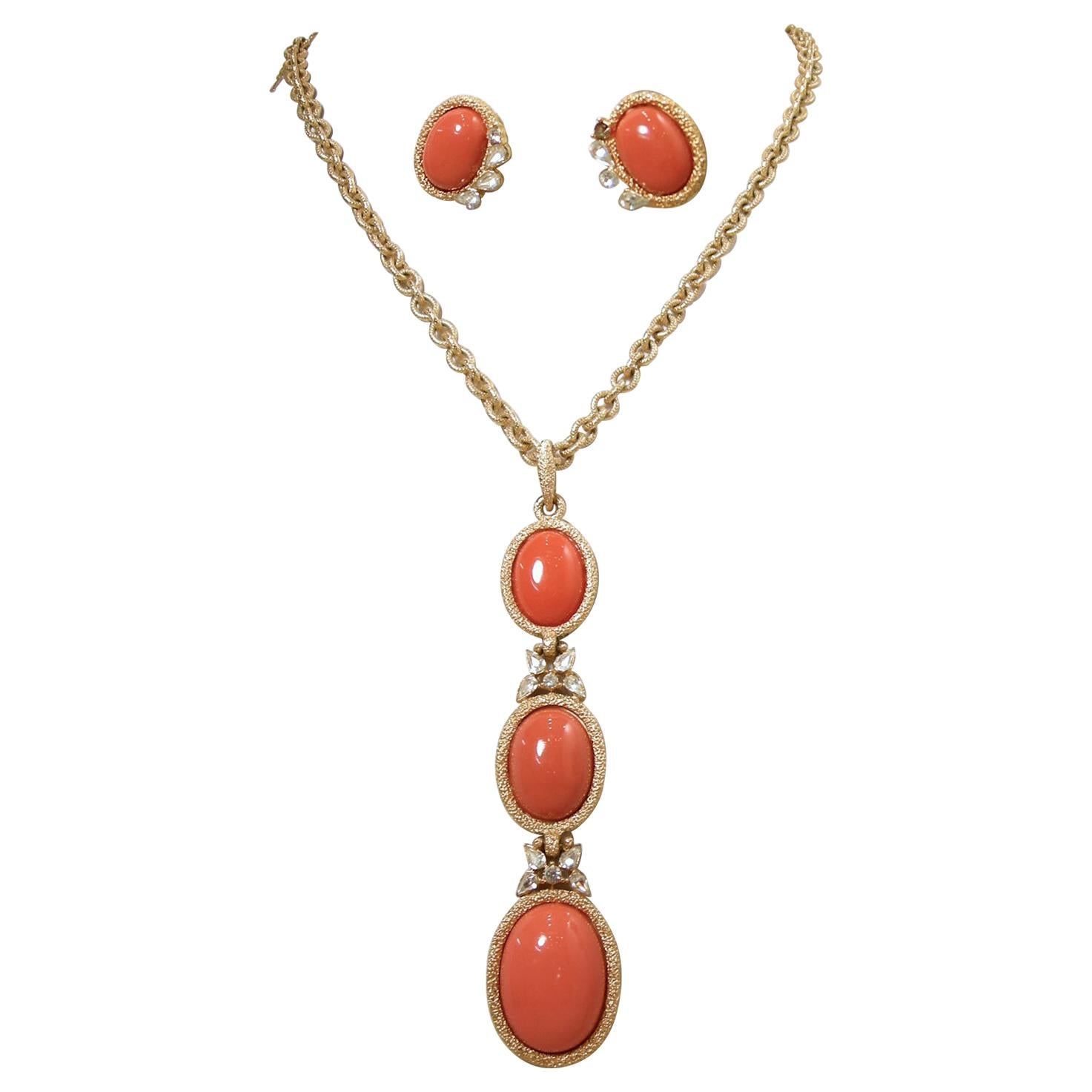 Vintage Signed Trifari Faux Coral Drop Necklace & Earrings Set For Sale