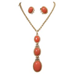 Vintage Signed Trifari Faux Coral Drop Necklace & Earrings Set