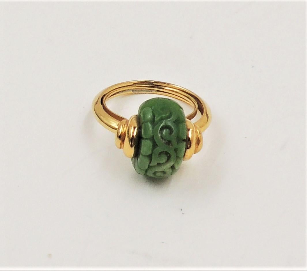 Women's Vintage Signed Trifari Goldtone Carved Faux-Jade Ring Size 6 1/2 For Sale