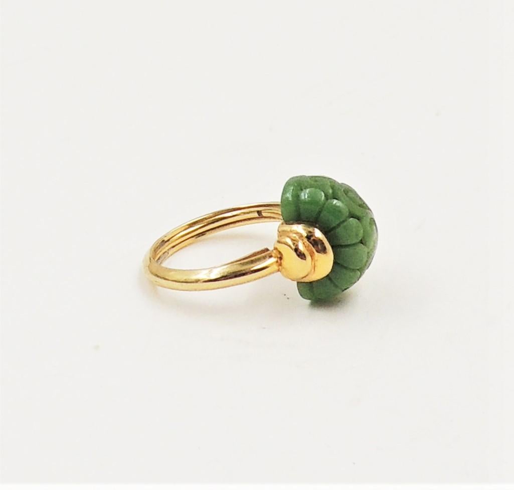 Vintage Signed Trifari Goldtone Carved Faux-Jade Ring Size 6 1/2 For Sale 1
