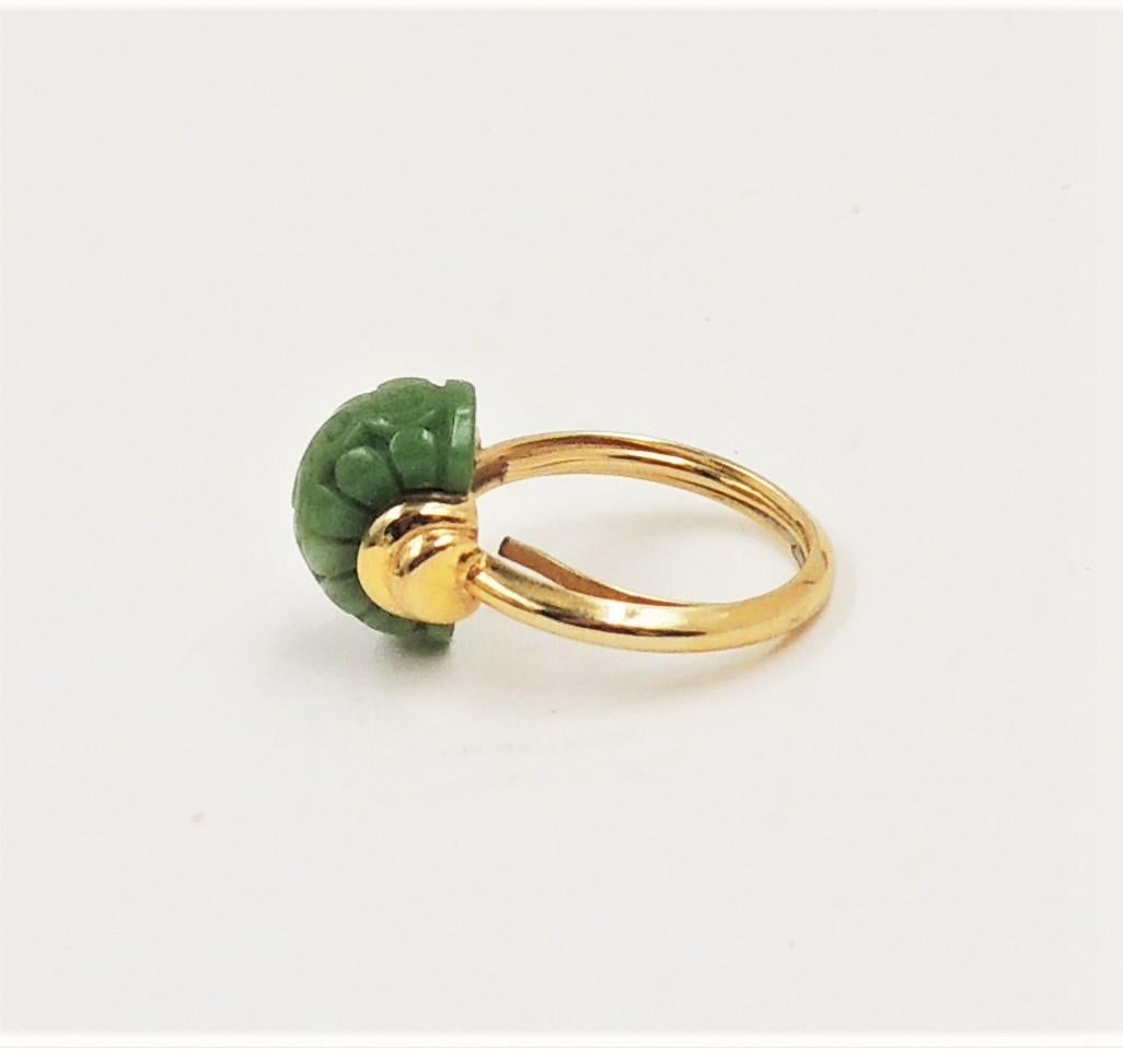 Vintage Signed Trifari Goldtone Carved Faux-Jade Ring Size 6 1/2 For Sale 2