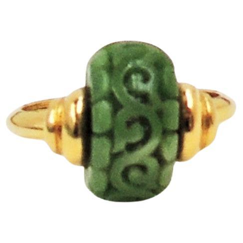 Vintage Signed Trifari Goldtone Carved Faux-Jade Ring Size 6 1/2 For Sale