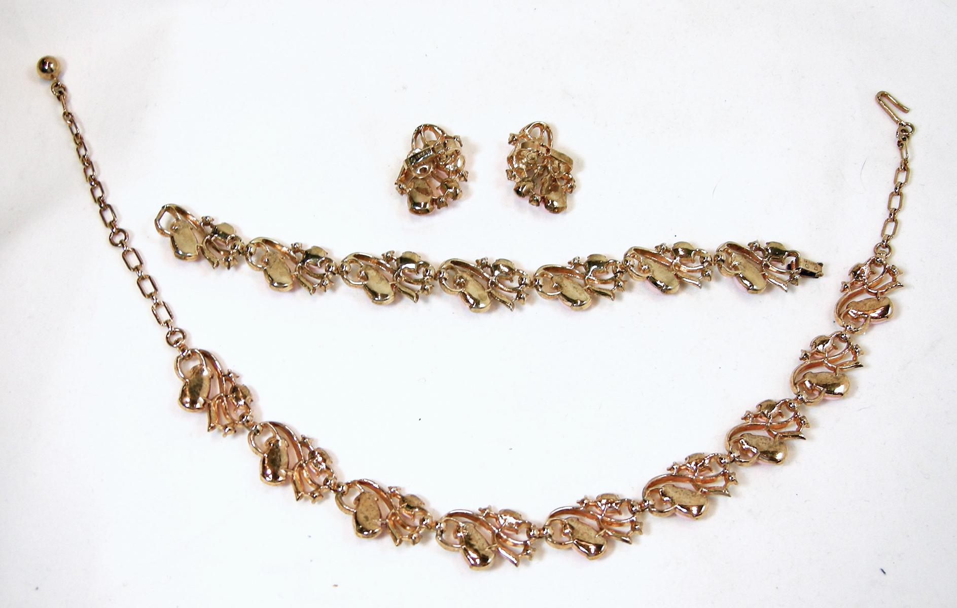 Vintage Signed Trifari Pink Parure … Necklace, Bracelet & Earrings For Sale 1