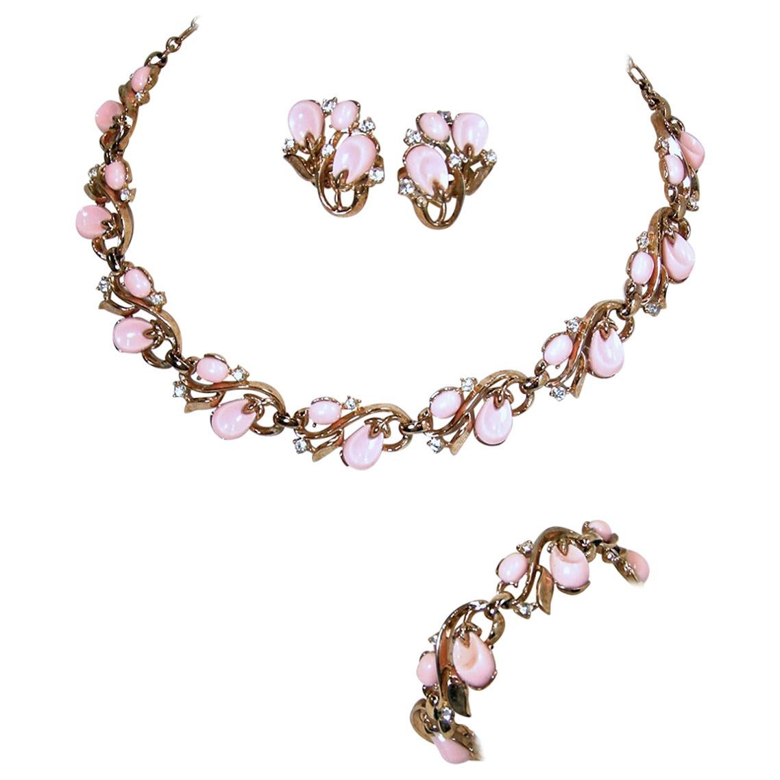 Vintage Signed Trifari Pink Parure … Necklace, Bracelet & Earrings For Sale