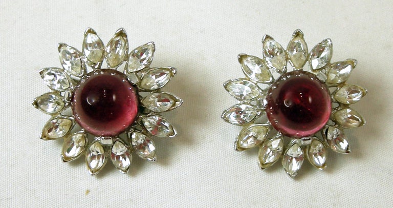 Vintage Signed Trifari Red and Clear Crystal Earrings For Sale at 1stDibs