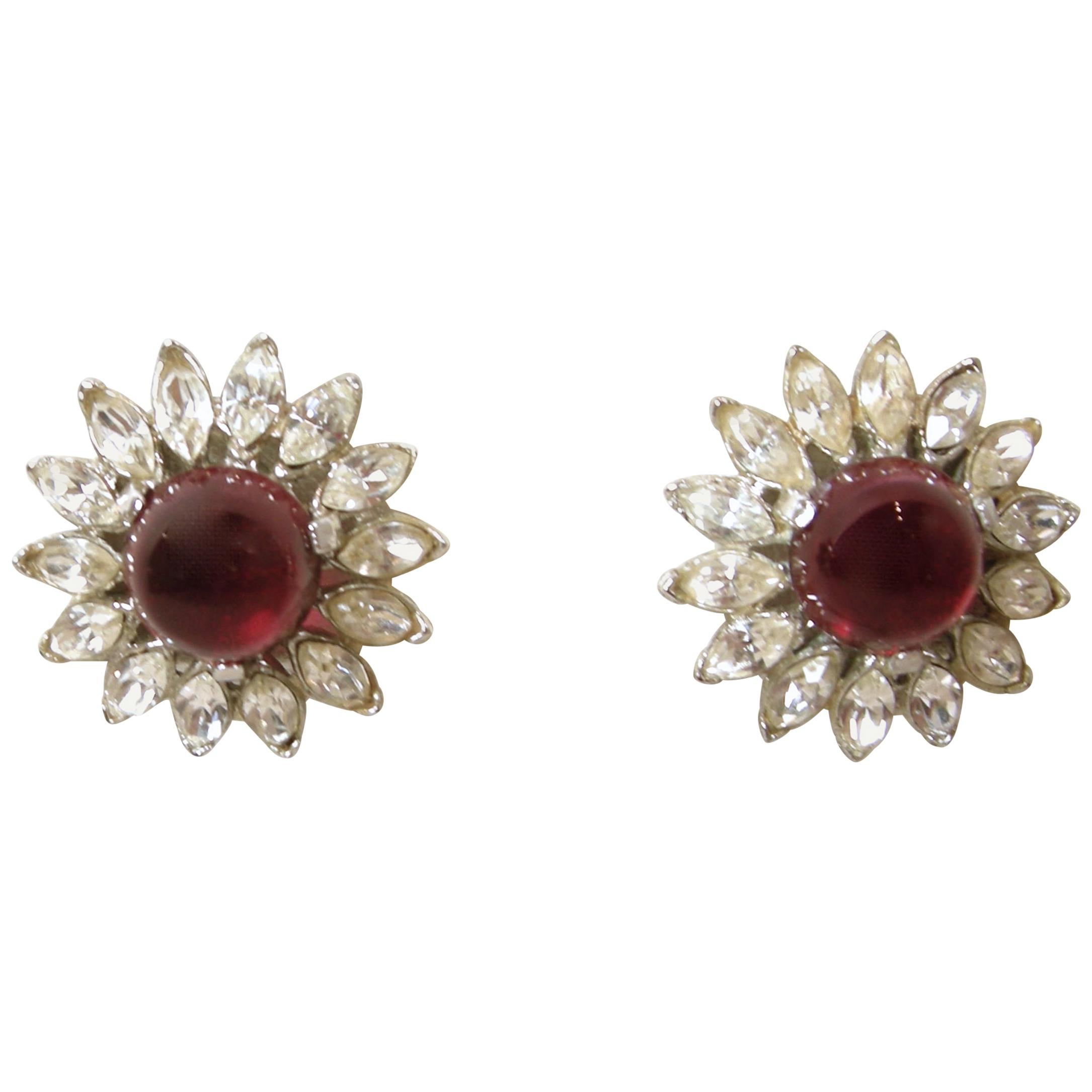 Vintage Signed Trifari Red & Clear Crystal Earrings For Sale