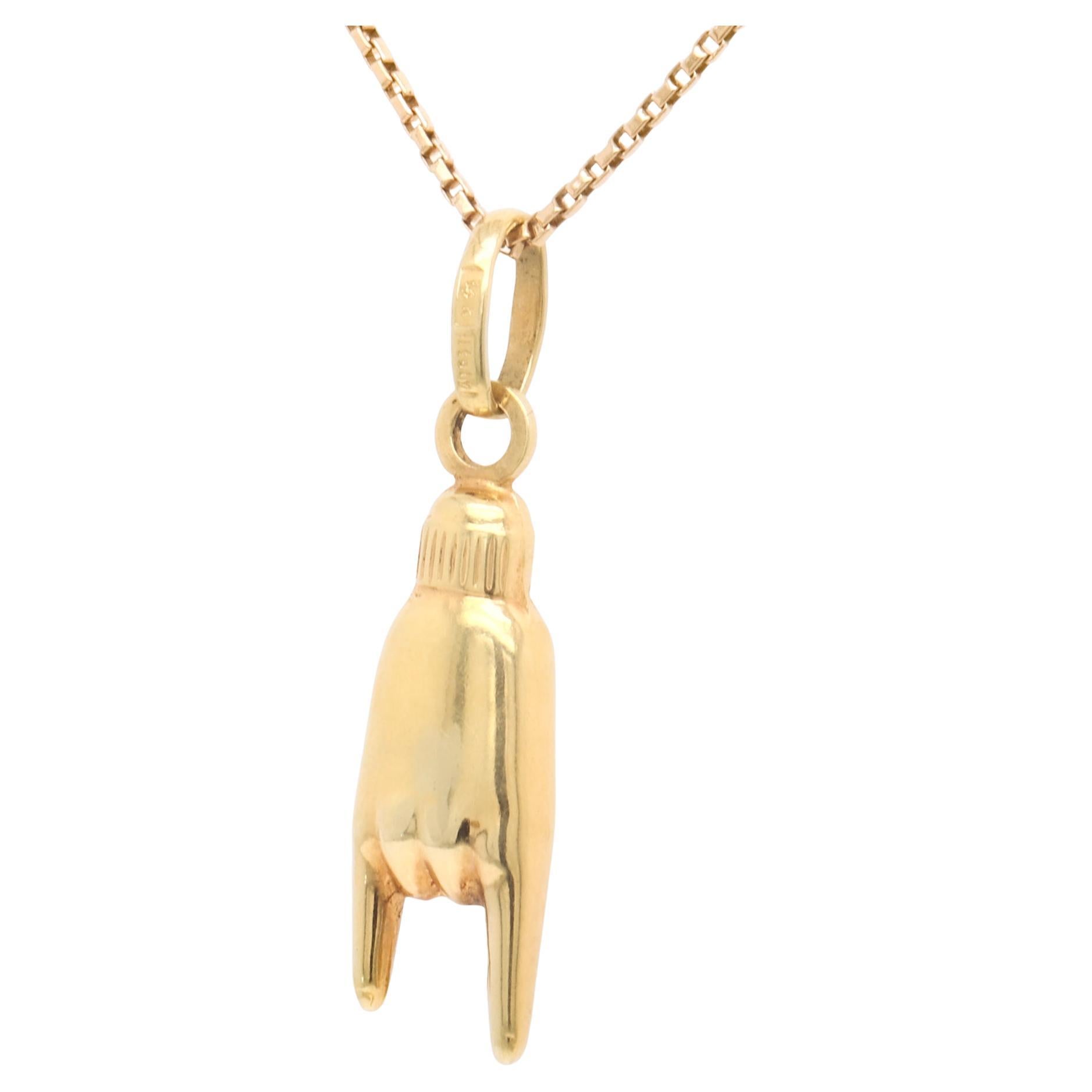 Vintage Signed Uno a Erre 14K Yellow Gold Figural Hand Sign of the Horns Charm