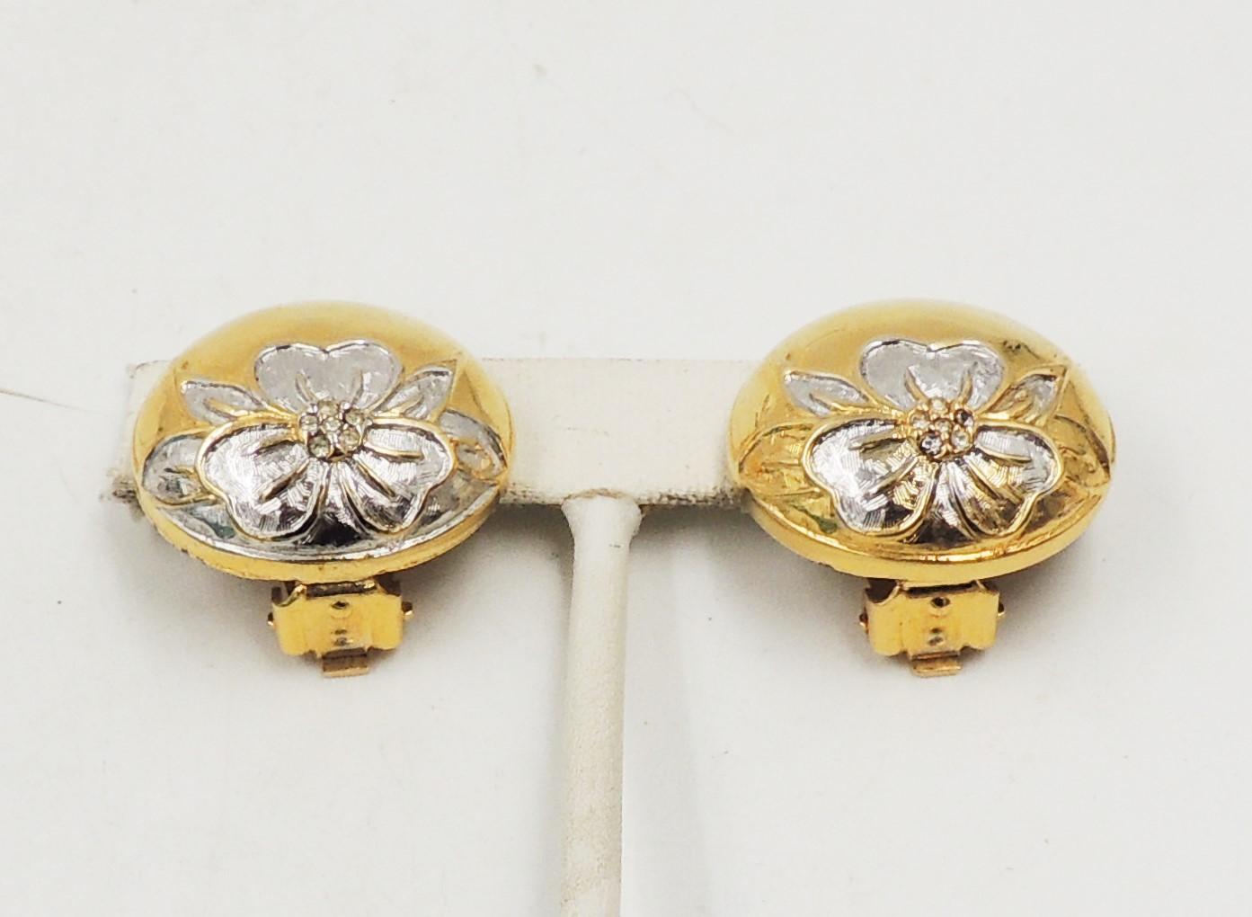 Women's Vintage Signed Valentino Goldtone Rhodium Plate Rhinestone Flower Clip Earrings For Sale