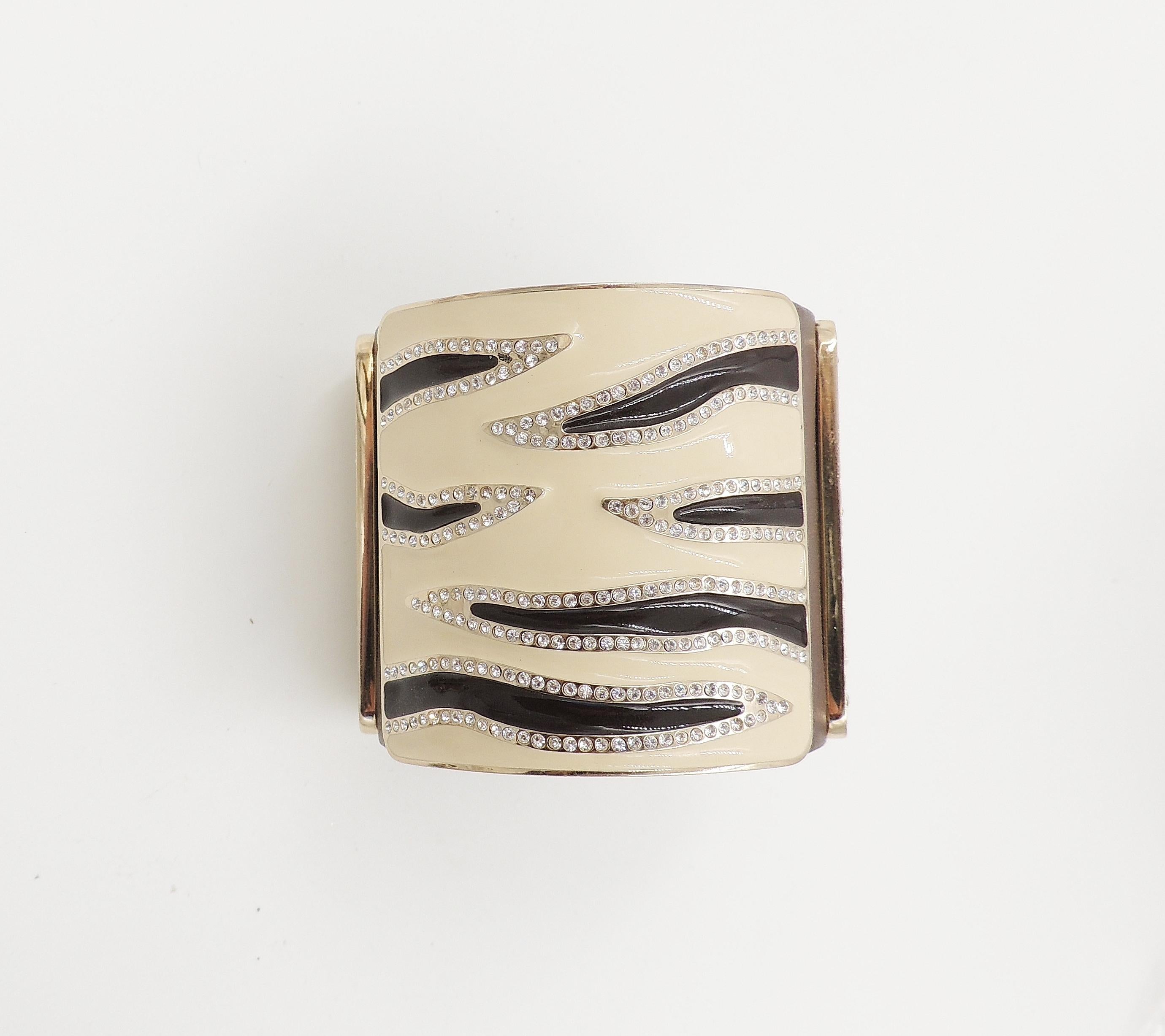 Modernist Vintage Signed Valentino Leather & Enamel Zebra Stripe Rhinestone Cuff Bracelet For Sale