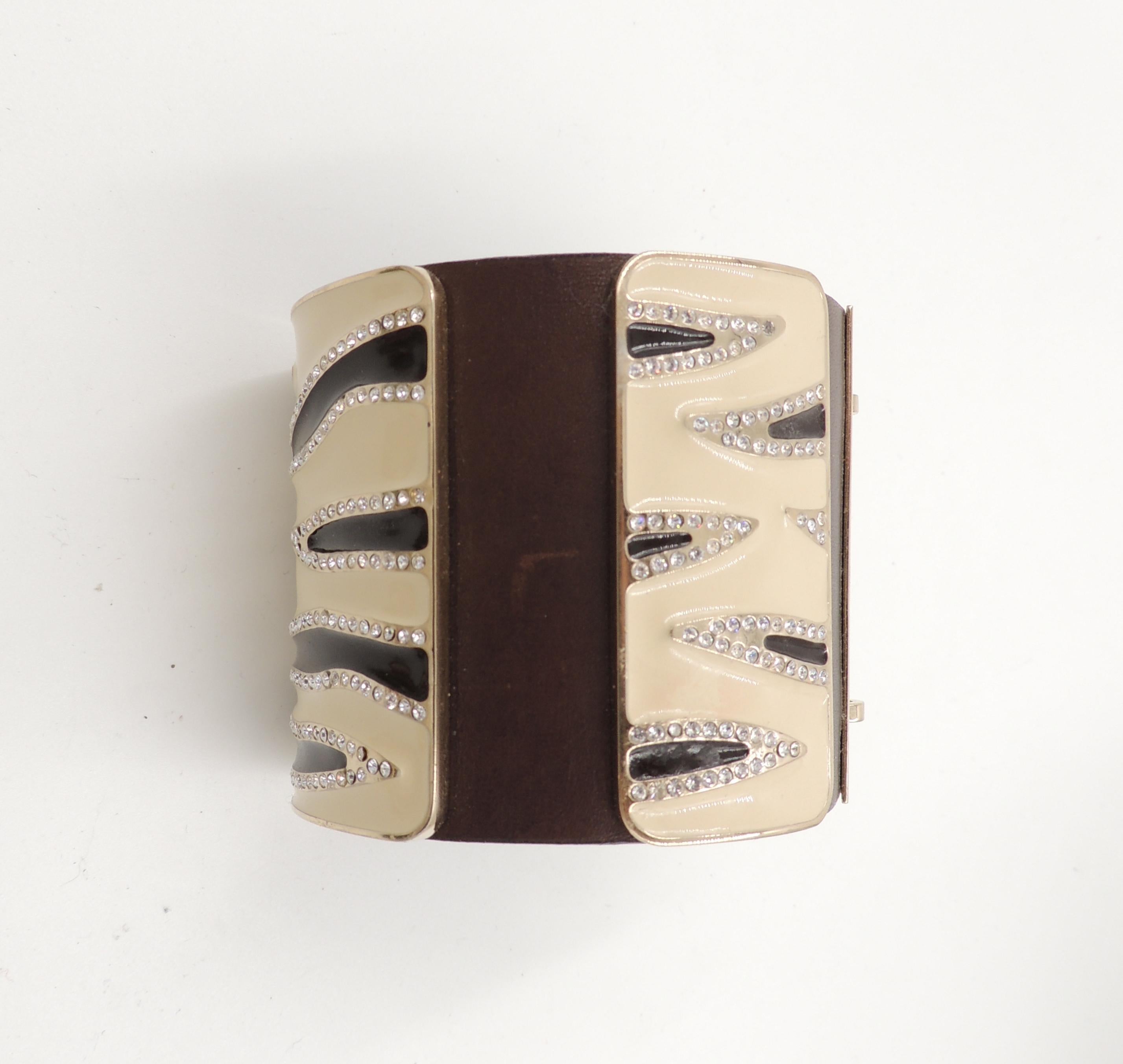 Women's Vintage Signed Valentino Leather & Enamel Zebra Stripe Rhinestone Cuff Bracelet For Sale